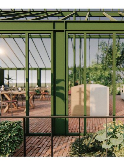 This conceptual rendering explores the exterior view of the conservatory, focusing on the interplay of light, glass, and the green metal frame. It helped establish the design's goal of creating a transparent structure that merges with its natural surroundings.