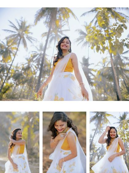 A collage of a bride's portraits from her Haldi ceremony, capturing her joyful twirls in a beautiful outdoor setting.