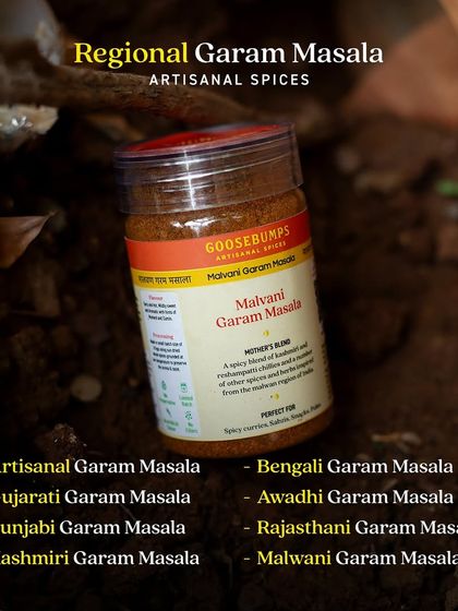 I take pride in offering a wide variety of regional Garam Masalas. This image showcases my Malvani Garam Masala, part of a larger collection that includes blends from Gujarat, Punjab, Bengal, and Kashmir.