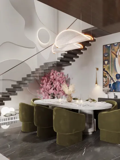 A series of visualizations for a modern dining area set against a sculptural staircase. We've captured the scene from various perspectives to showcase the artistic wall, the unique lighting, and the elegant furniture.