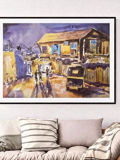 A finished watercolor street scene, framed and ready to hang. We learn how to capture the mood of a place, focusing on perspective and the interplay of light and shadow.