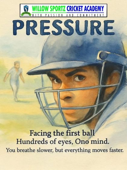 An illustration about the pressure of facing the first ball. We train our players to handle the mental challenges of cricket.