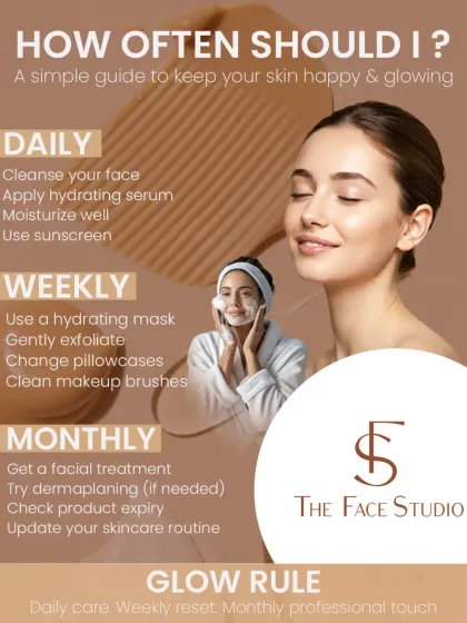This is a simple guide to a consistent skincare routine. It breaks down what you should be doing daily, weekly, and monthly to keep your skin happy and glowing. The glow rule is: daily care, weekly reset, and a monthly professional touch.