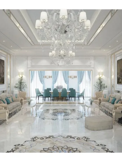 Another perspective of the luxurious villa interior, highlighting the seamless flow between the living and dining areas. The design uses a consistent palette of white, cream, and soft blue with gold accents to unify the vast space.