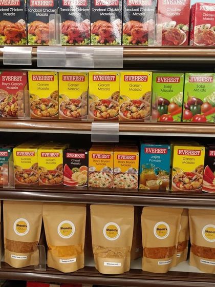 My traditional podis and snacks, sitting on the shelf at Food Hall. It's wonderful to bring the authentic taste of my South Indian kitchen to stores near you.