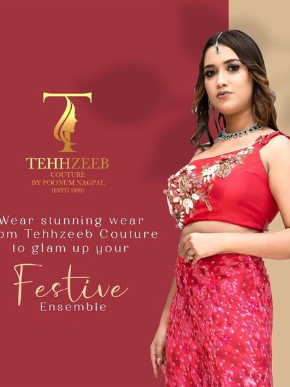 Glam up your festive ensemble with stunning wear from Tehhzeeb Couture. This red printed sharara set with an embroidered blouse is a vibrant and stylish choice.
