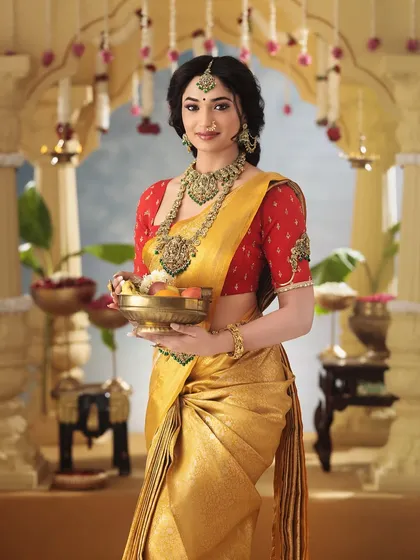 The classic combination of red and yellow for a traditional South Indian look never fails. It was a joy to design this temple jewelry inspired blouse for the gorgeous Reeshma Nanaiah, perfectly complementing her Kanjivaram saree.
