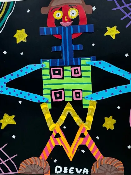 A whimsical robot character created from the letters of a student's name, set against a starry sky. This shows the endless possibilities of turning letters into art.