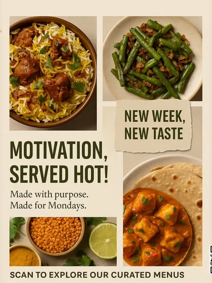 Motivation, served hot. This collage of biryani, paneer, and fresh ingredients is made with purpose, made for Mondays.