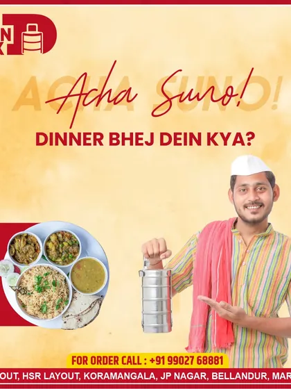 Acha Suno! Dinner bhej dein kya? We bring the warmth of a home-cooked meal to you with the convenience of a traditional dabbawala service, making your evenings easy and delicious.