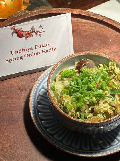 Our innovative Undhiya Pulao with Spring Onion Kadhi. We've transformed the classic Gujarati winter vegetable dish into a flavourful rice pilaf, served with a light and tangy yogurt-based curry.