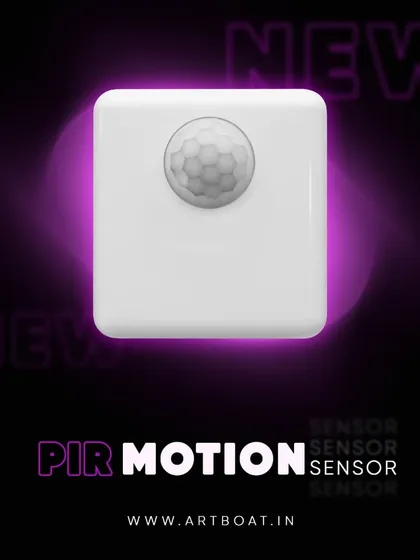 A clean product shot of our newly designed PIR Motion Sensor. Its minimalist design allows it to blend into any wall while providing powerful motion-detection capabilities for your home automation setup.