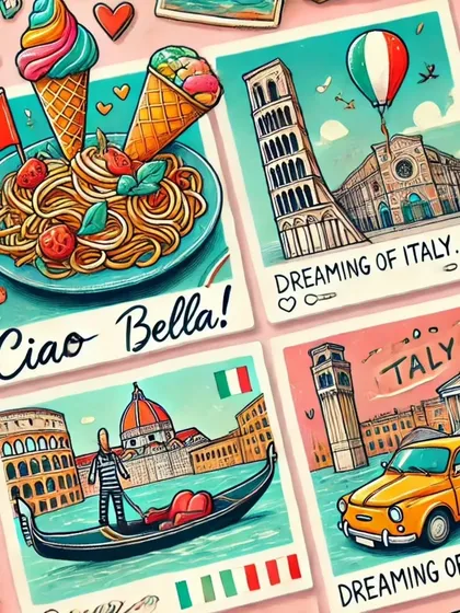 Ciao Bella. Dreaming of Italy? This collage captures the essence of la dolce vita, with pasta, gelato, gondolas, and the Leaning Tower of Pisa.