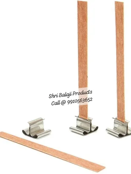 These are my wooden wicks, which come with metal sustainers. They are a great alternative to cotton wicks and produce a gentle, crackling sound like a mini fireplace when lit.