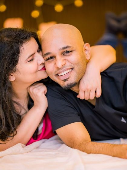 A fun and playful moment in the indoor bed set, showing that our sets are perfect for capturing genuine smiles.