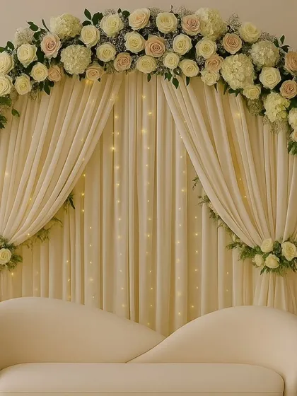 A classic and sophisticated backdrop for an engagement or intimate wedding function. This design uses a golden circular arch adorned with white and cream roses, set against a gracefully draped curtain with twinkling fairy lights for a timeless look.