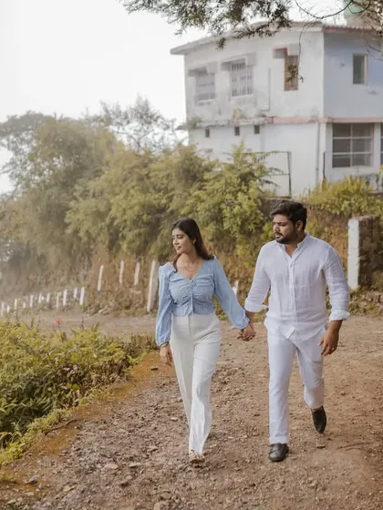 Walking along a rustic path in the hills of Rishikesh. We love capturing couples in their natural element, creating images that feel like a snapshot from a romantic getaway.