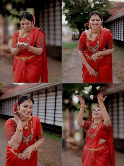 A collage of the bride's joyful moments, from tossing flowers to her radiant smiles.