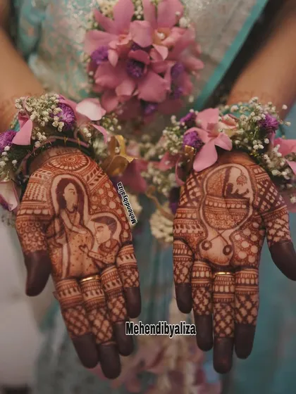 The 24-hour stain of a baby shower mehendi, complete with floral bracelets. The color is deep and beautiful.