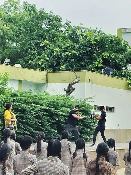 Action from our self-defense workshop for school girls. We use pads to allow students to practice striking with full power in a safe and controlled manner.