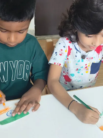 These images show the various activities we did to help children understand the significance of Independence Day, from learning about national symbols to making tricolor art.