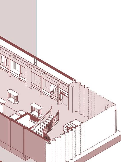 A detailed axonometric drawing of the third and fourth floors of the Nalli store, illustrating the flexible shelving and display systems.