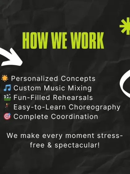 How do we work? We provide personalized concepts, custom music mixing, and fun-filled rehearsals with easy-to-learn choreography to make your experience stress-free and spectacular.