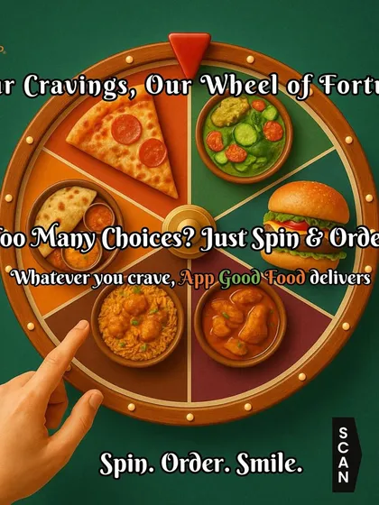 Too many choices? Just spin our wheel of fortune. From pizza and burgers to thalis and biryani, whatever you crave, we deliver. Spin, order, smile.