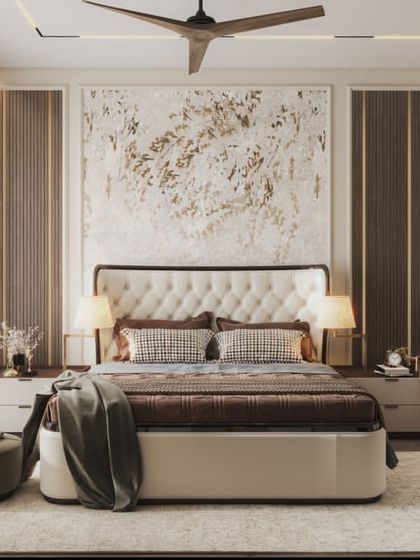 This bedroom render showcases a tufted headboard set against an abstract art-inspired wall. The focus is on the rich textures and the sophisticated, layered styling.