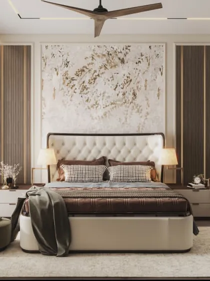 This bedroom render showcases a tufted headboard set against an abstract art-inspired wall. The focus is on the rich textures and the sophisticated, layered styling.