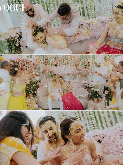 More moments from the joyous and messy Haldi ceremony in Mauritius, as seen in Vogue India. This collage shows the couple being playfully covered in turmeric and flowers by their loved ones.