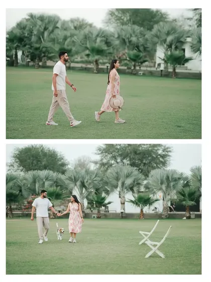 A pair of images showing the couple walking with their dog, capturing the natural and happy dynamic of their little family.