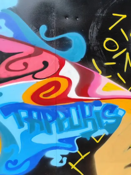 A close-up detail from the Jakarta piece, showing the tag 'Tapporis' integrated into the artwork.