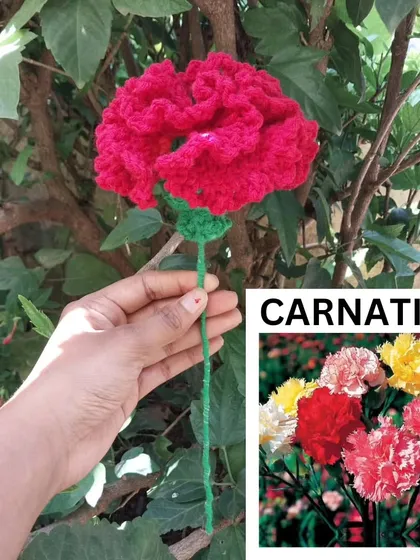 This is my crochet carnation, with its signature ruffled petals. It's a complex flower to make, but the result is so worth it.