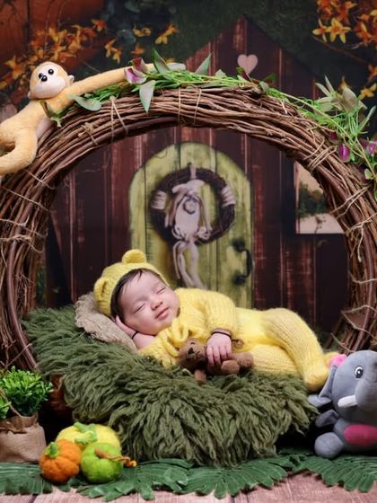A sweet jungle-themed newborn shoot. The baby is nestled in a wreath, surrounded by friendly stuffed animals like a monkey, giraffe, and elephant.