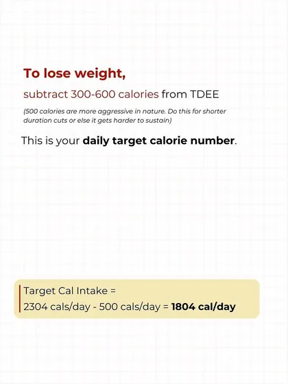 To lose weight, you need to be in a calorie deficit. Subtract 300-500 calories from your TDEE to find your daily target calorie intake. This is your magic number for fat loss.