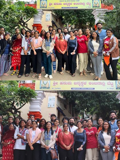Our group at the entrance of the Anjanadri Hill temple in Hampi, believed to be the birthplace of Lord Hanuman.