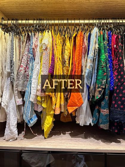 After: The same section, now with slim, uniform hangers. The clothes hang neatly, and the color coordination is much more visible, sparking joy every time you open the closet.