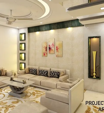 A 3D visualization of a living room design. This concept uses a light color palette, intricate floor patterns, and recessed wall niches to create a sophisticated and spacious feel.