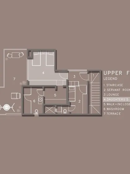 The layout for the daughter's bedroom in the Duplex Project, showing how we integrated a walk-in closet and access to the terrace.