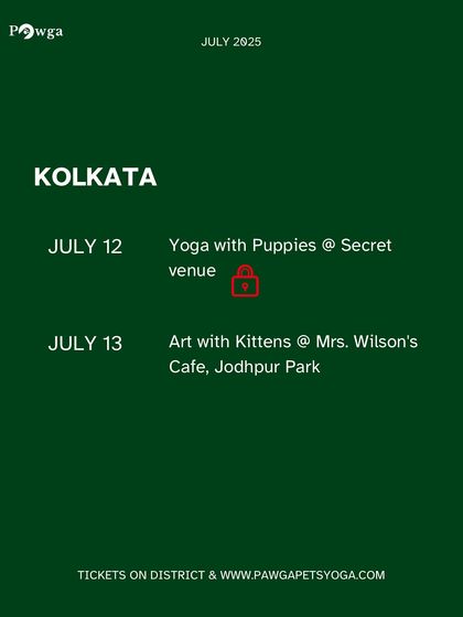 Our July schedule for Kolkata, featuring Art with Kittens at the lovely Mrs. Wilson's Cafe.