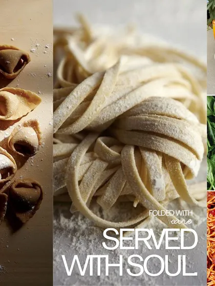 Folded with care, served with soul. This is my promise for every pasta dish. You can see the fresh tortellini and fettuccine, made by hand in my kitchen.