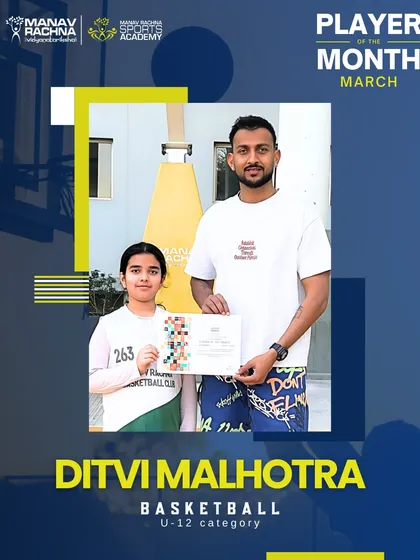 Ditvi Malhotra, our Basketball Player of the Month for March (U-12). Her energy and skill development have been remarkable.
