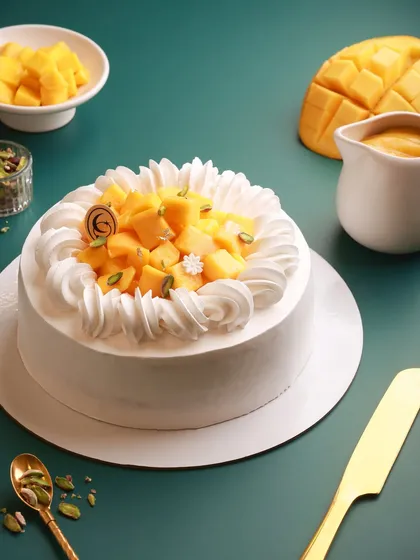 Our Mango Dream Cake is a celebration of the season. A light vanilla sponge is topped with whipped cream, fresh mango chunks, and pistachios.