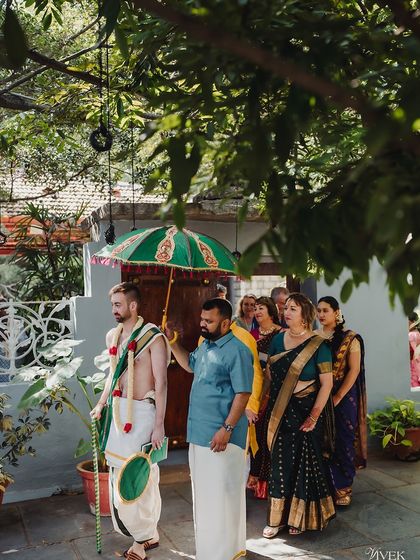 The groom's procession, or 'baraat', with family from overseas participating in the traditional Indian ceremony.