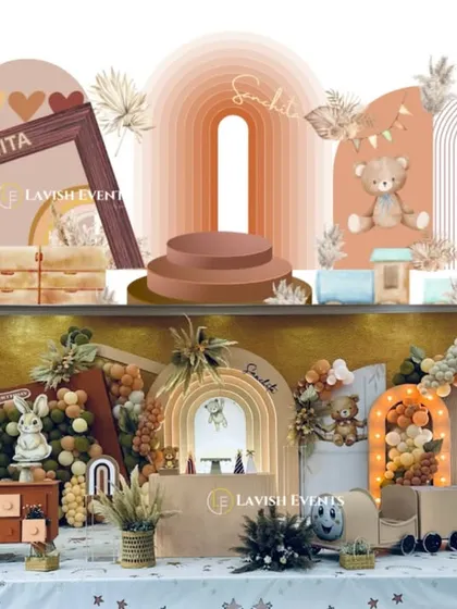 A side-by-side comparison showing the initial design concept and the final executed setup for Sanchita's beautiful boho teddy party.