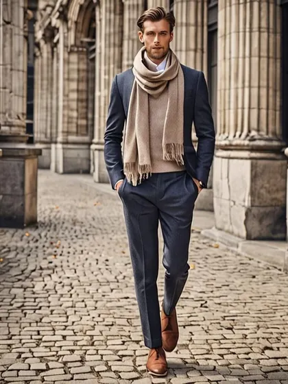 This is an example of an 'Ethical Elegance' concept for menswear. The AI-generated image visualizes a man in a tailored navy suit paired with a warm camel scarf, showcasing a timeless, sophisticated look for a brand focused on sustainable style.