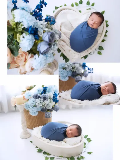A collage showcasing different angles from a newborn session, featuring a baby in a blue swaddle with floral arrangements. This shows the variety of shots we provide from a single setup.