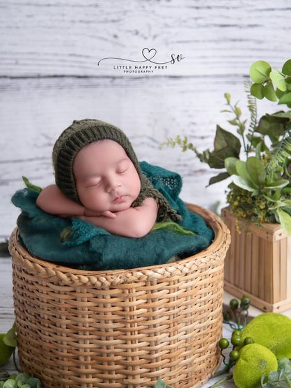 A simple basket pose. The focus is on the baby's peaceful sleep, with a touch of natural greenery to add life and color.
