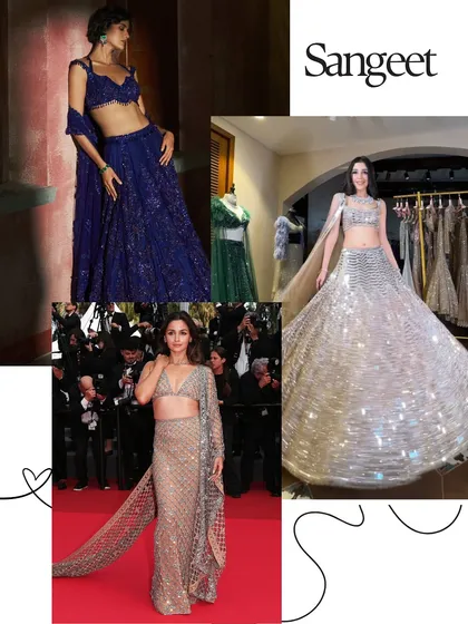 Sangeet night is all about sparkle. This mood board showcases glamorous options like a royal blue lehenga, a shimmering silver gown, and a sequined net saree, perfect for dancing the night away.